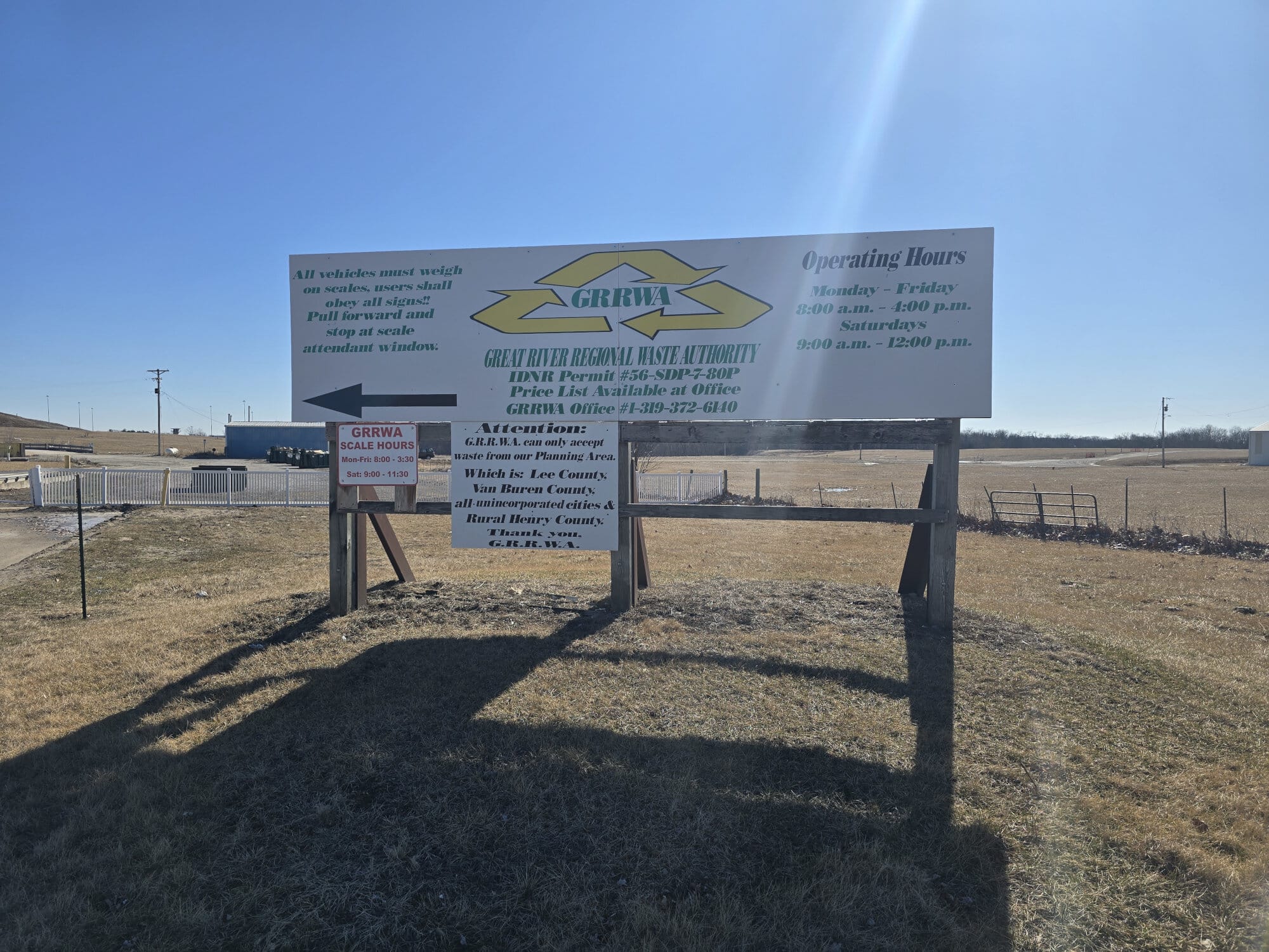 Great River Regional Waste Authority Landfill sign with hours of operation